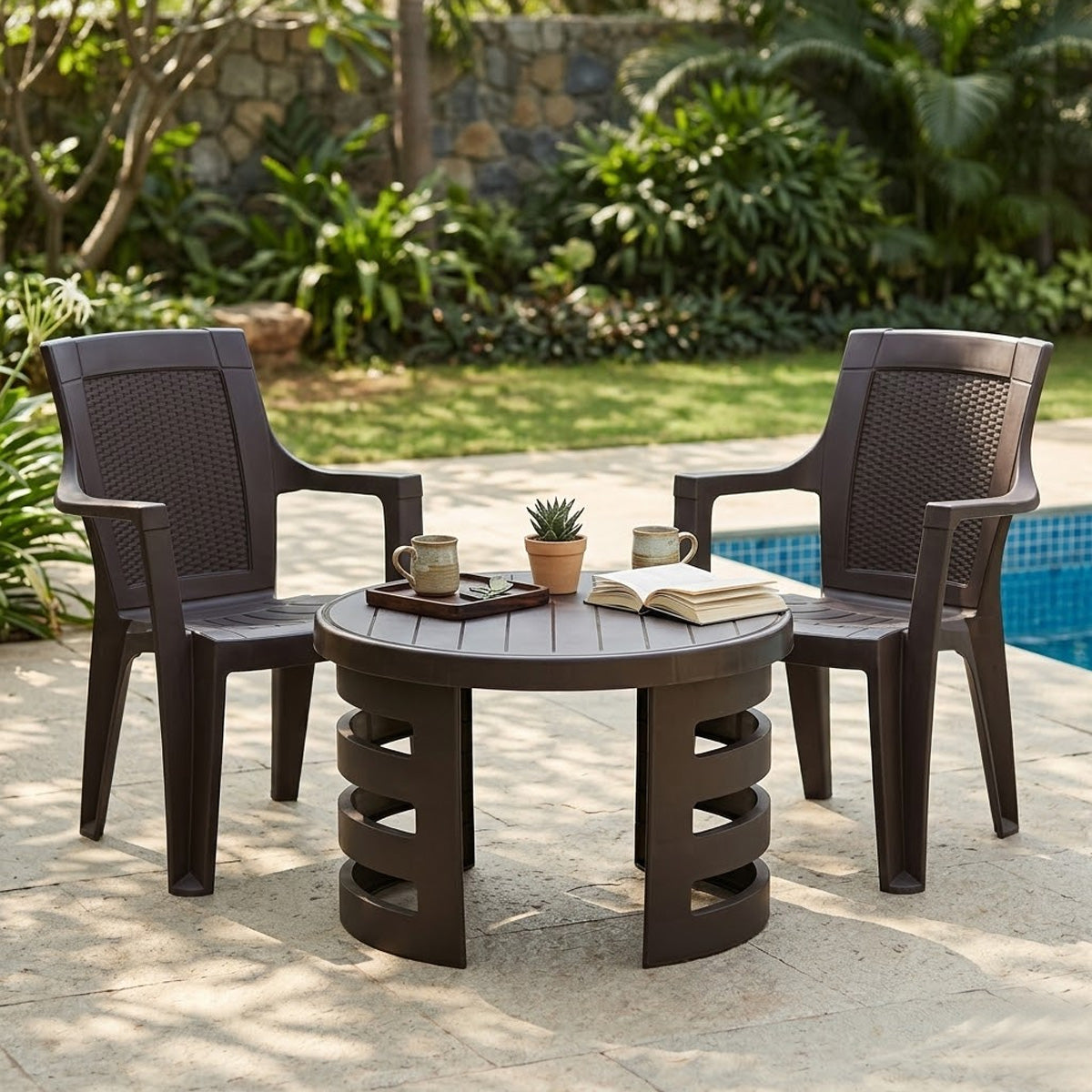 Mystique Plastic Outdoor Set with 2 Chairs and 1 Table (Season Rust Brown)