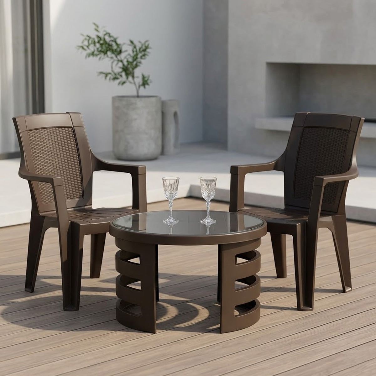 Mystique Plastic Outdoor Set with 2 Chairs and 1 Table (Season Rust Brown)
